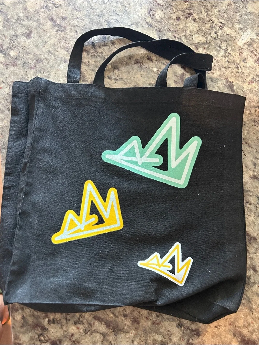 Black Canvas Tote with Mint and Yellow Crown Graphics